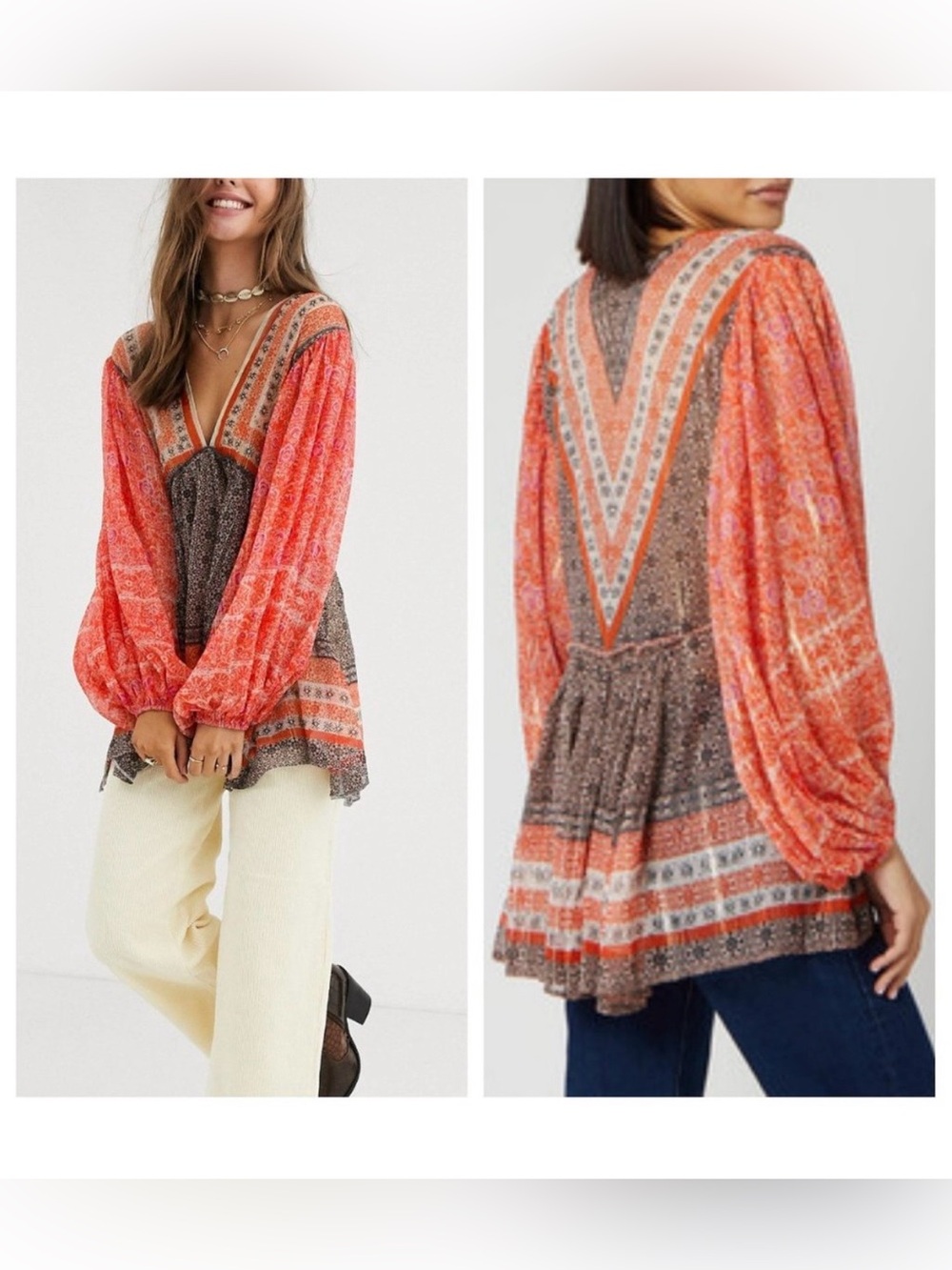 Free People Aliyah Printed Orange Bohemian Tunic Babydoll Top Metallic XS